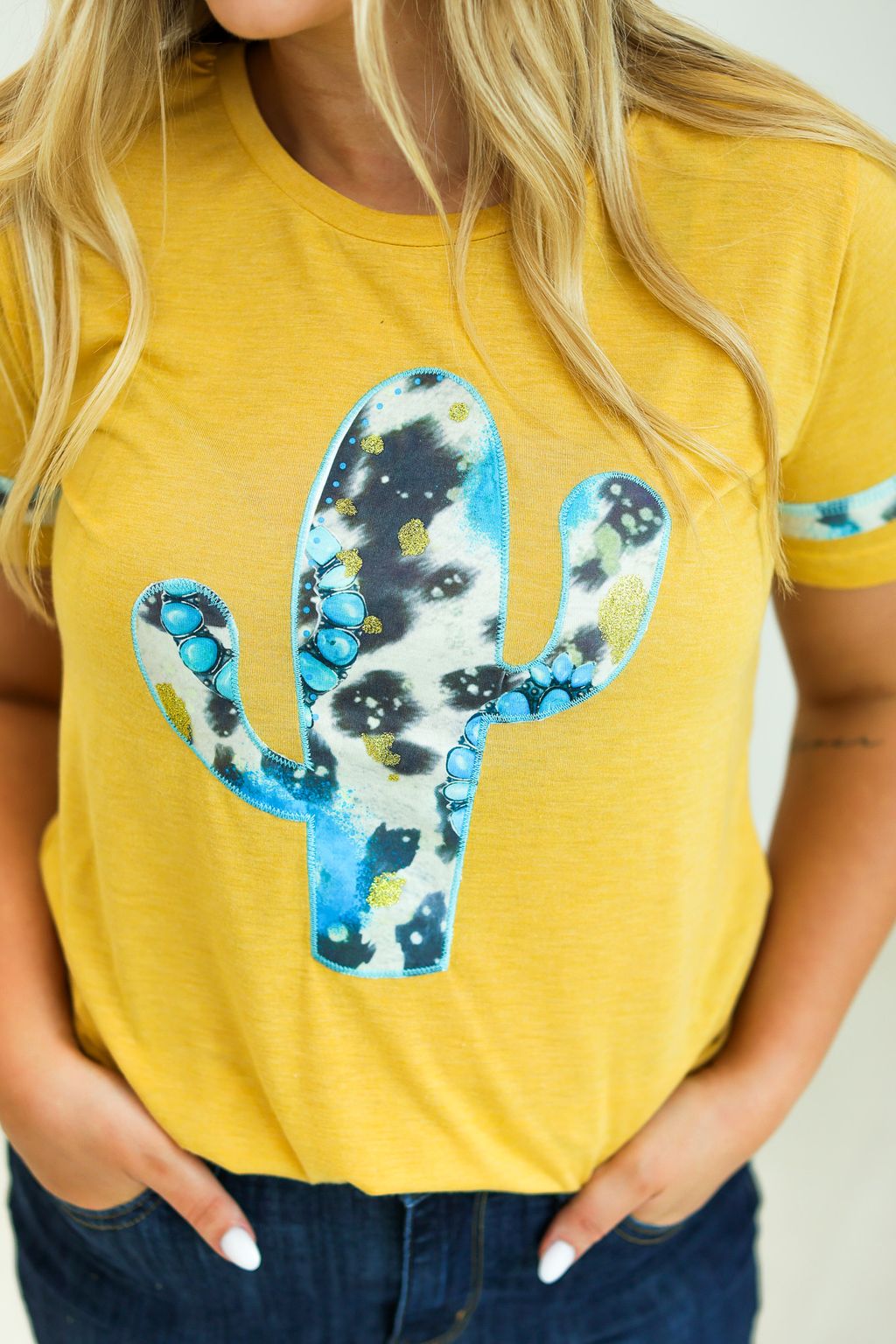 Cactus and Turquoise on Mustard Tee with Cowprint