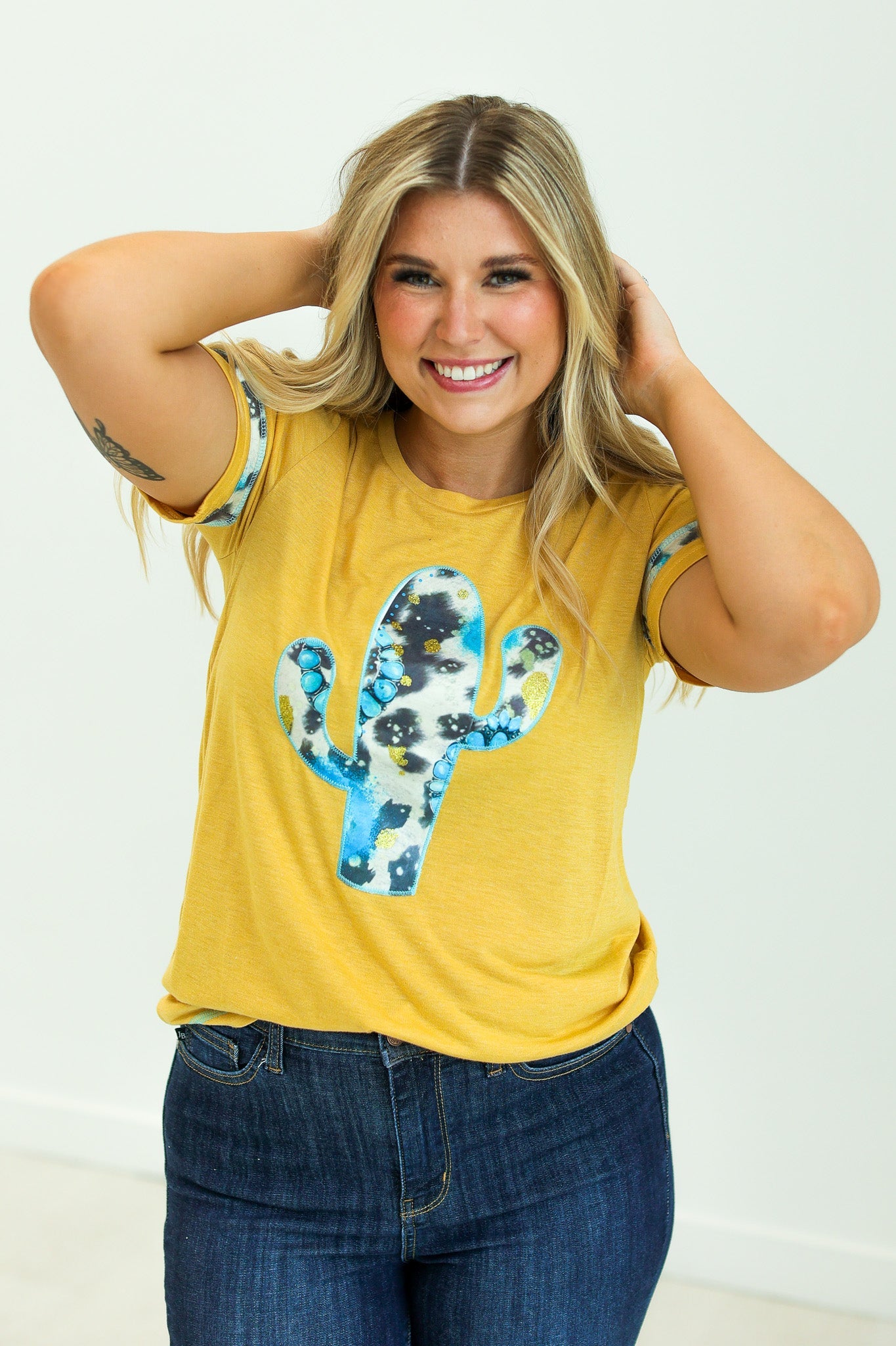 Cactus and Turquoise on Mustard Tee with Cowprint